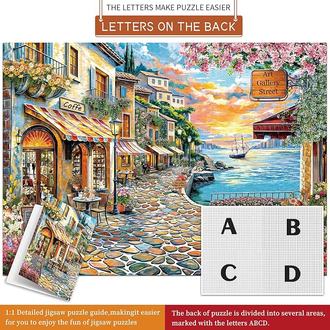 1000 Piece Puzzle for Adults, Jigsaw Puzzle 1000 Pieces for Adults, Challenging Family Games Holiday Party Gifts -1:1 Poster Interlock Perfectly Letter on Back-Coastal Town