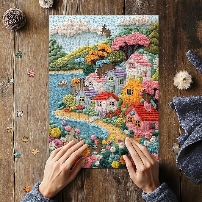 Embroidery Village Jigsaw Puzzle 1000 Pieces, Seaside House Scenery Puzzles for Adults, Beach Coastal Landscape Puzzles with Flower Tree Sailboat, Colorful Village Floral Wall Decor