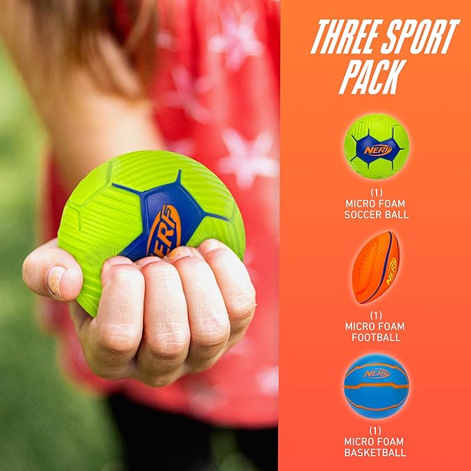 NERF Micro Foam Sports Ball Set - Kids Foam Micro Football, Soccer Ball + Basketball Set Soft Stress Relief Mini Foam Sports Set for Kids - Multicolor