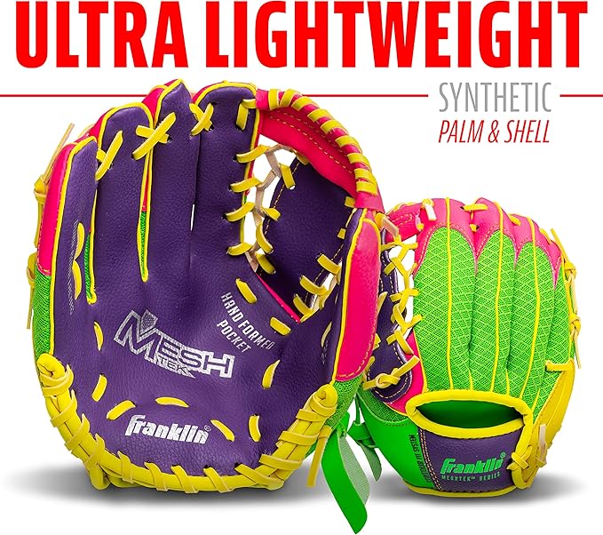 Franklin Sports Kids Baseball Glove + Foam Ball Sets - Meshtek Youth Teeball Gloves for Kids + Toddlers - Left + Right Hand Throw - 9.5" Inch