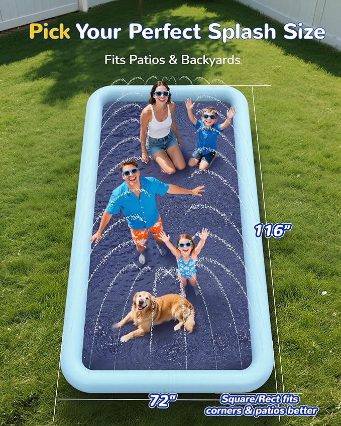 VISTOP Non-Slip Splash Pad for Kids and Dog, Thicken Sprinkler Pool Summer Outdoor Water Toys - Fun Backyard Fountain Play Mat for Baby Girls Boys Children or Pet Dog (116 * 72 inch,Blue&Blue)