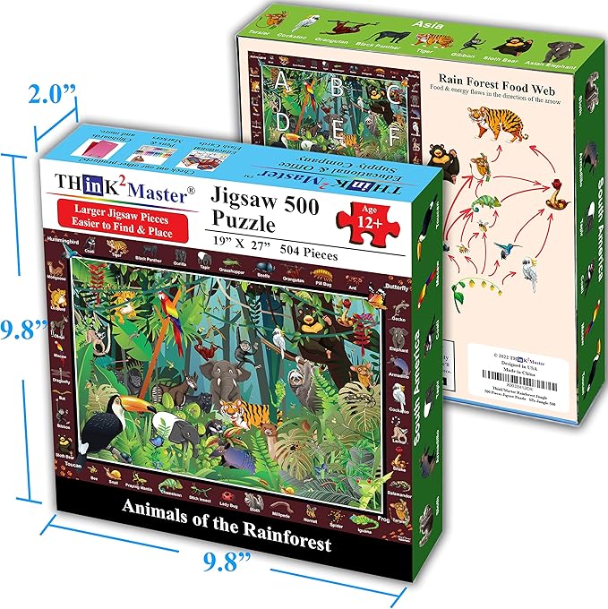 Think2Master Rainforest Jungle Animals 500 Pieces vith Large Pieces Jigsaw Puzzle for Seniors, Adults & Families. Great Gift Size: 26.8” X 18.9”