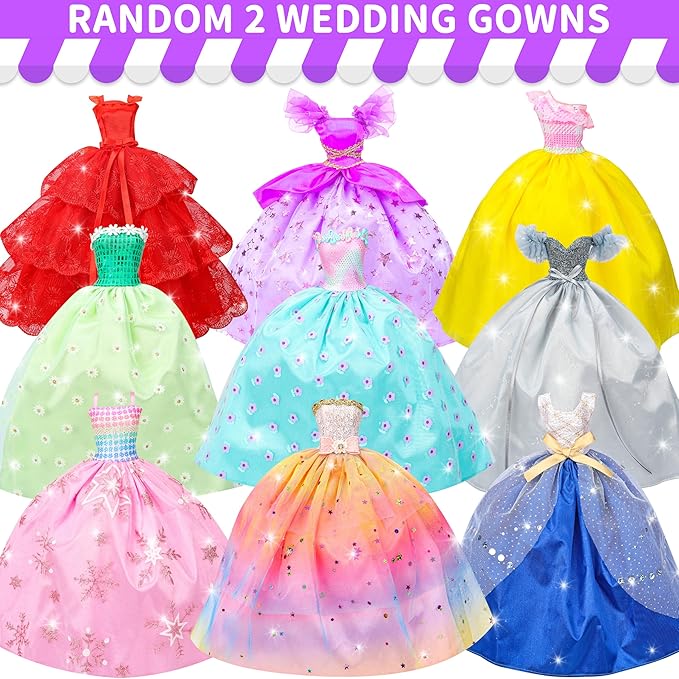 Style Shine 70 Pcs Doll Clothes and Accessories,2 Wedding Gown 6 Fashion Dresses 2 Set Casual Outfits 1 Top 1 Pant Bikini 1 Swimsuit,20 Hanger 10 Shoe 27 Accessories Toys for Girls Kids Birthday Gift