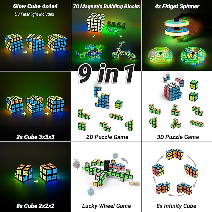 TOSY Magnet Cube 4x4 - 70 Blocks, 560 Magnets, Easter Basket Stuffers for Kids, Multipurpose: Creative Building Blocks, Transformable Fidget Spinner, Puzzle/Infinity Cube, Glowing STEM Toy