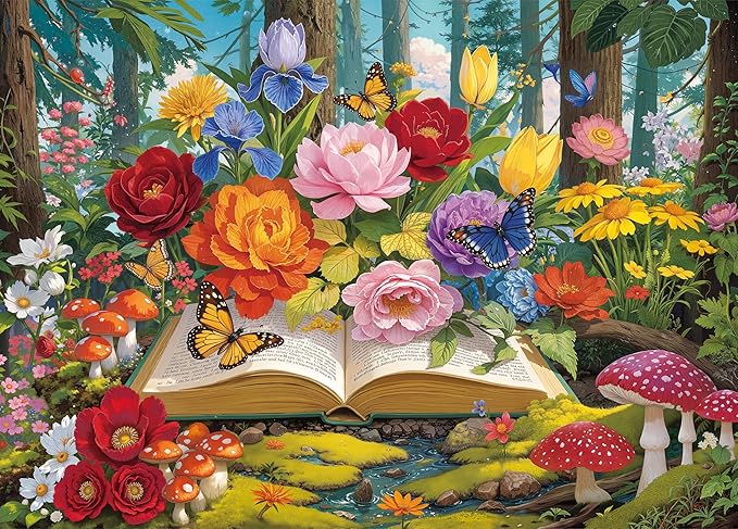 Colorful Flowers Book Puzzles 1000 Piece Jigsaw Puzzle for Adults, Vibrant Forest Jigsaw Puzzles with Letters on Back, Impossible Challenging Hard Butterflies Puzzles Home Decor, 27.5 x 19.7 Inch