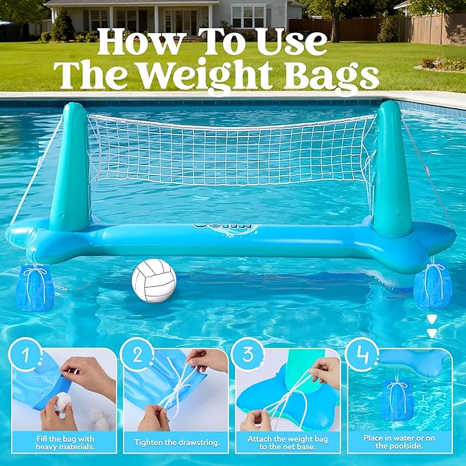 JOYIN XL Inflatable Pool Float Set, 125'' Volleyball Net & Basketball Hoops, Extra Large Floating Swimming Game Toy for Kids and Adults, Summer Floaties, Volleyball Court|Basketball, XL-Blue, Cyan