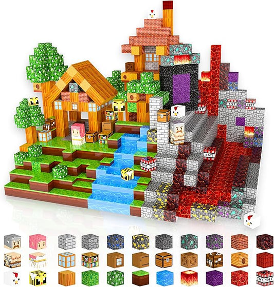 150PCS Magnetic Building Blocks Set – 0.8in Pixel World Construction Toys, Universal Compatibility, STEM Creative Play Set for Kids Ages 3+, Grass, Lava & Portal Scenes