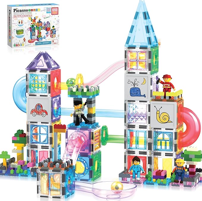 PicassoTiles 650PCS Magnetic Marble Run Tiles and Brick Combo Magnet Tile Building Blocks Magnet Set with Character Action Figures Educational Preschool Learning Toys for Kids Toddlers Ages 3+ PB650