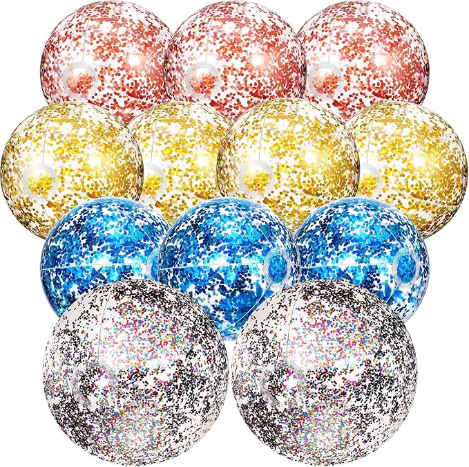 Lewtemi 12 Pcs Inflatable Glitter Beach Balls 16 Inch 24 Inch Shiny Giant Confetti Balls Swimming Pool Beach Blow up Balloon for Outdoor Summer Party Wedding Decor(Gold, Rose Gold, Purple)
