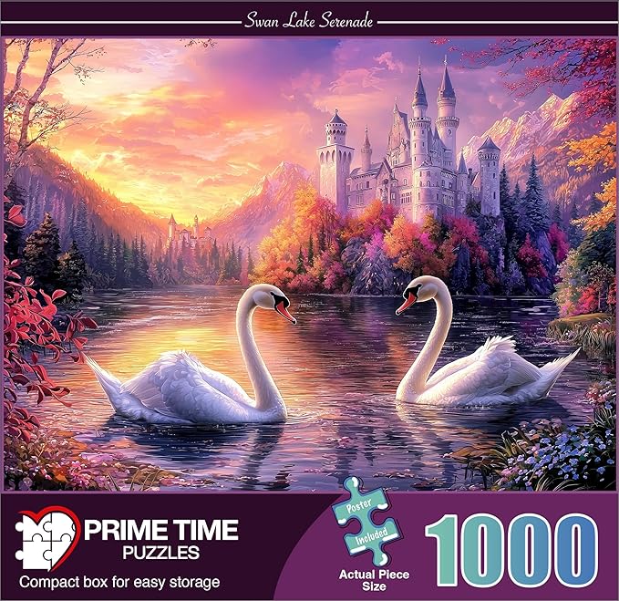 1000 Piece Jigsaw Puzzle for Adults - Swans Swimming on a Castle Lake - Challenging Puzzle - Magic Sunset on a Swan Lake - Adult 1000 Piece Puzzle. 20x27 inches