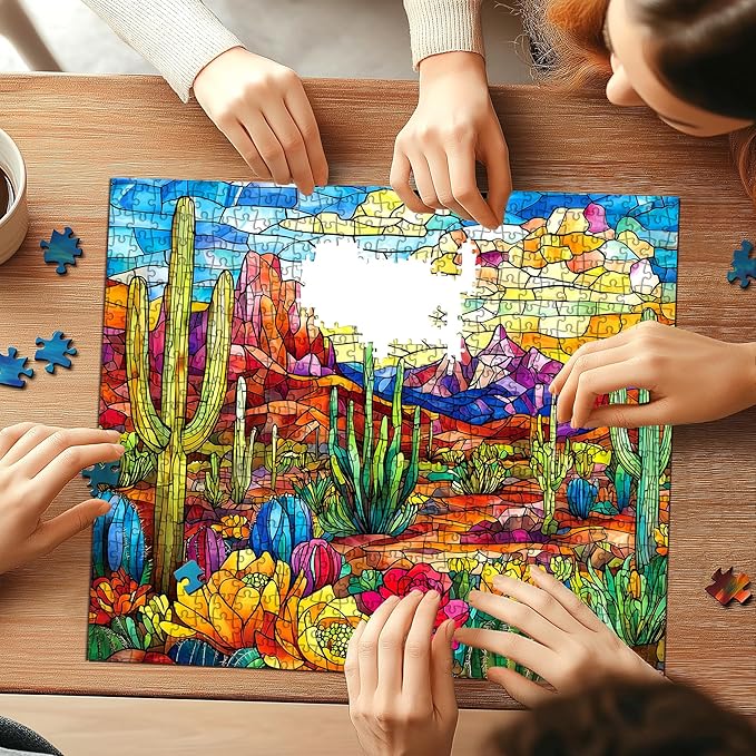 Stained Glass Desert Landscape Jigsaw Puzzle for Adults 500 Piece, Colorful Cactus and Mountain Scene Difficult Puzzles Perfect for Game Night, Gift for Nature Lover, Relaxing & Decor, 20x20 in