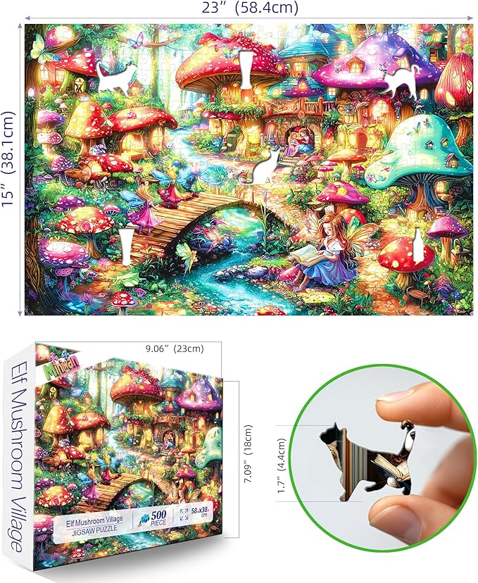 Fairy Tale Mushroom Village 500 Piece Puzzle for Adults, Fun Puzzles for Adults 500 Pieces with HD Print & Poster, 23" X 15" Dust Free, for Gifts Halloween Christmas Family Lovers