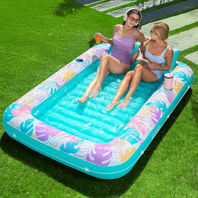 SLOOSH Inflatable Tanning Pool Lounger Float, 85" x 57" Pool Floats Adult with Pillow, 4 in 1 Suntan Tub Raft Floatie,Sunbathing Bed Lounge for Water Blow Up Ball Pit Party Gifts, L-Tropical Blue