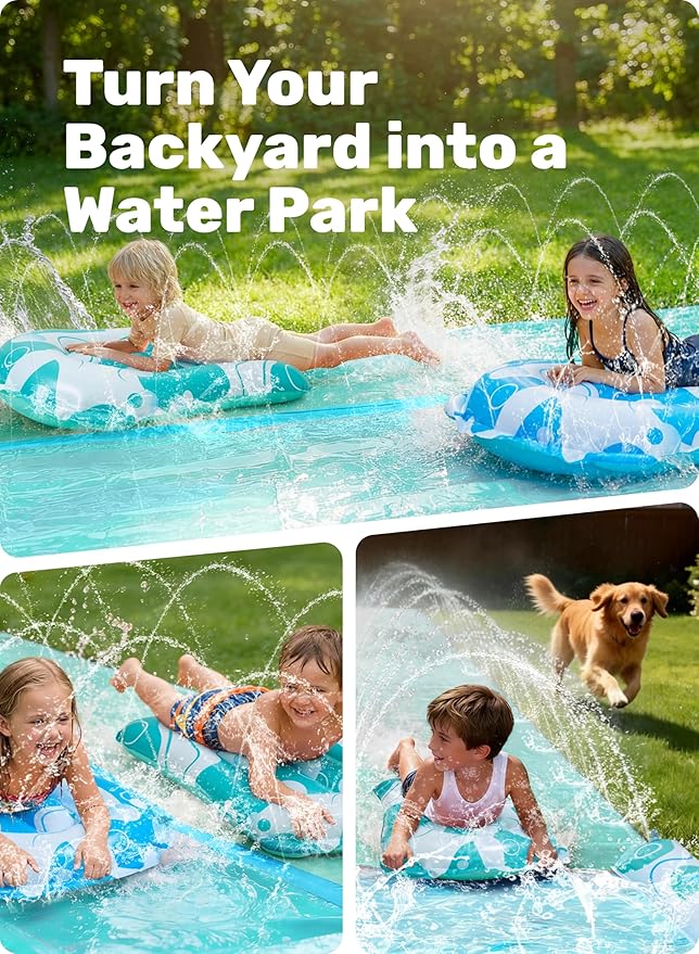 JOYIN 32.5FT Water Slide and 2 Inflatable Boards, Extra Long Heavy Duty Double Lawn Waterslide with Sprinkler for Kids Adults Backyard Summer Water Toy Outdoor Fun, Blue, Light Blue