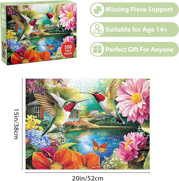 500 Pieces Puzzles for Adults Puzzle Hummingbird Flower Jigsaw Puzzles 500 Piece for Seniors, Letters on Back Challenging Toys Great Gift for Family Friends 20.5 x 15 in