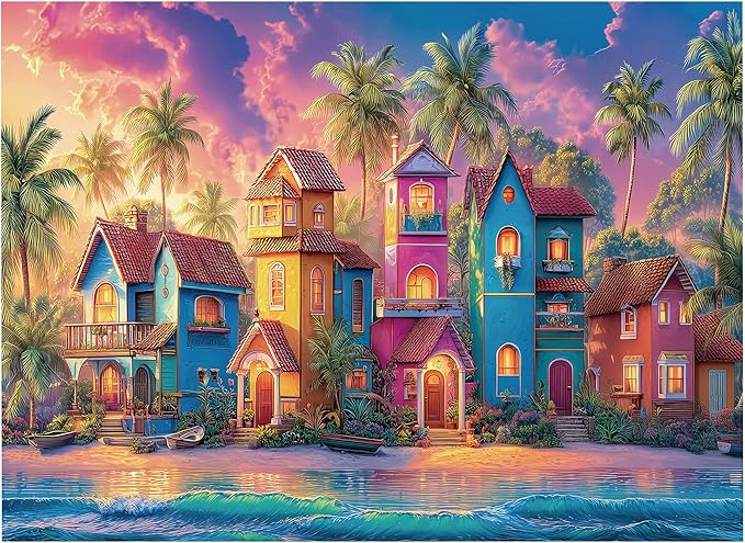 Beach Puzzles for Adults 500 Piece, Xovnio Panoramic Cottage Seaside Romantic Art Jigsaw Puzzle, Beach Ocean Summer Puzzle, Colorful House Jigsaw Puzzles