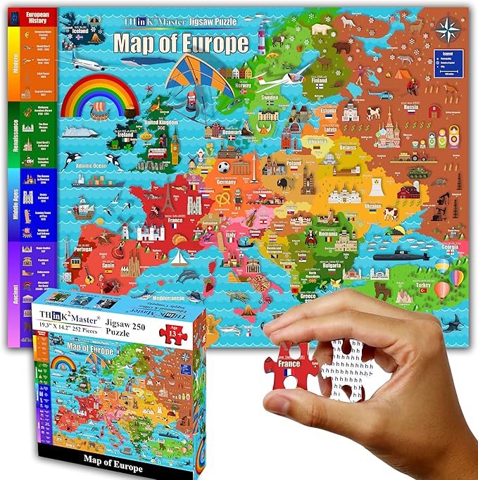 Think2Master Colorful Map of Europe 250 Pieces Jigsaw Puzzle. Great Puzzle for Adults & Seniors Easier to Handle Larger Pieces. Size: 14.2” X 19.3”