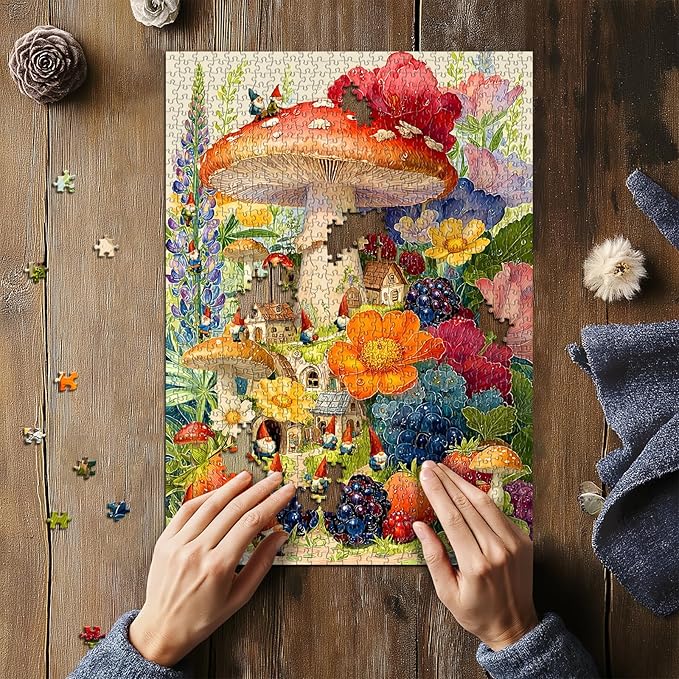 Gnome Mushroom Puzzles for Adults 1000 Pieces, Colorful Magical Floral Garden Village Jigsaw Puzzle, Fantasy Gnome House Flower Fruits Puzzle, Spring Nature Plant Challenging for Adults