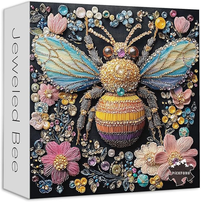 PICKFORU Jeweled Bee Jigsaw Puzzles 1000 Pieces, Diamonds Bumblebee Puzzles for Adults, Challenging Impossible Flowers Art Jigsaw Puzzle