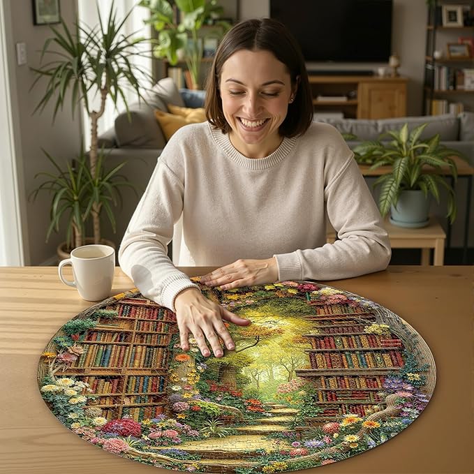 Round Jigsaw Puzzle 1000 Pieces - Enchanted Forest Library Design - 26.6" Circular Challenge, Book Lovers Aesthetic Decor, Mindful Activity Gift for Adults & Teens