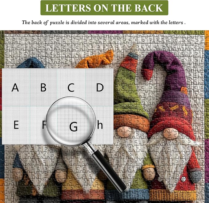 Colorful Gnome Puzzles for Adults 1000 Pieces, Quilted Patchwork Art Gnome Jigsaw Puzzle, Funny Unique Challenge for Adults