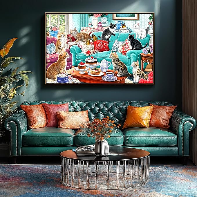 Spring Cats Tea Party 500 Piece Puzzle for Adults, Fun Puzzles for Adults 500 Pieces with HD Print & Poster, 23" X 15" in Dust Free, for Gifts Party Halloween Christmas Family Games