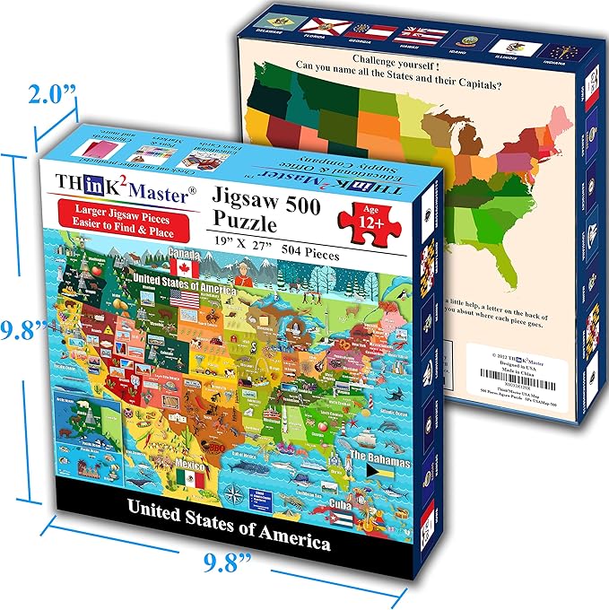 Think2Master Colorful United States Map 500 Pieces with Large Pieces Jigsaw Puzzle for 13+, Teens, Adults & Families. Great Gift for stimulating Interest in The USA Map. Size: 26.8” X 18.9”