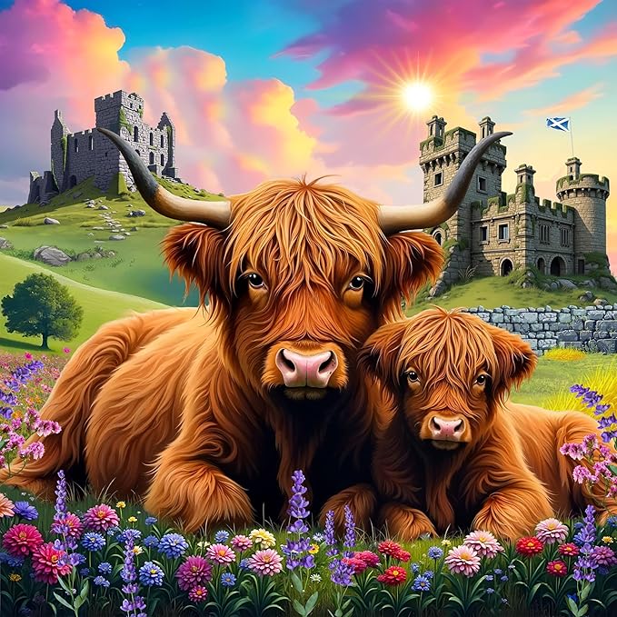 Springbok Highland Cows in The Countryside 500 Piece Jigsaw Puzzle for Adults and Family - Unique Cut Pieces - Made in USA