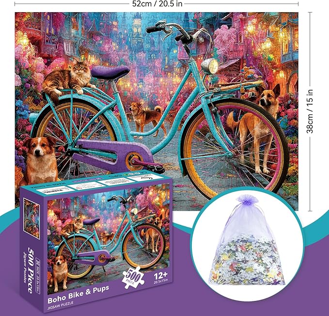500 Pieces Puzzle for Adults, Puzzles for Adults 500 Pieces, Retro Bicycle Dogs Cat Street Jigsaw Puzzle, Challenging Perfect for Game Nights, 20.5 X 15 in