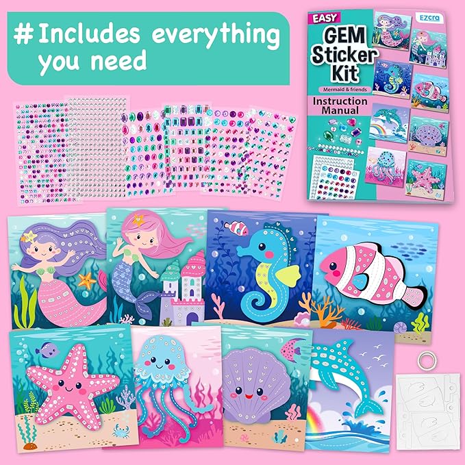 EZCRA Easy Mermaid Gem Sticker Crafts for Kids Ages 4-8 - 800 Sparkly Stickers, 8 Underwater Themes - Arts and Crafts for Kids, DIY Activity, Birthday Gift for Girls