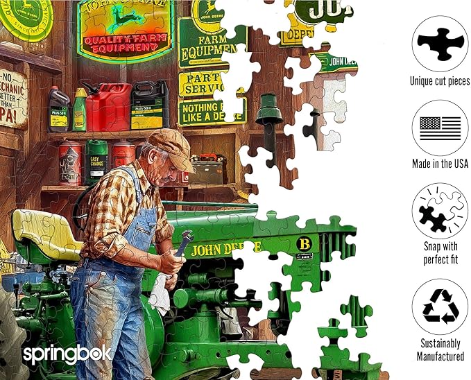Springbok Grandpa's Garage 1000 Piece Jigsaw Puzzle for Adults - John Deere Tractor - Unique Cut Pieces - Made in USA
