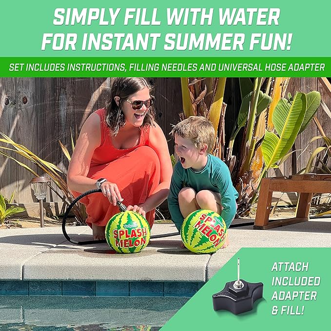 GoSports Splash Melon Pool Ball Party Toy - Includes Two 9 Inch Watermelons, Hose Fill Adapter, and 3 Needles