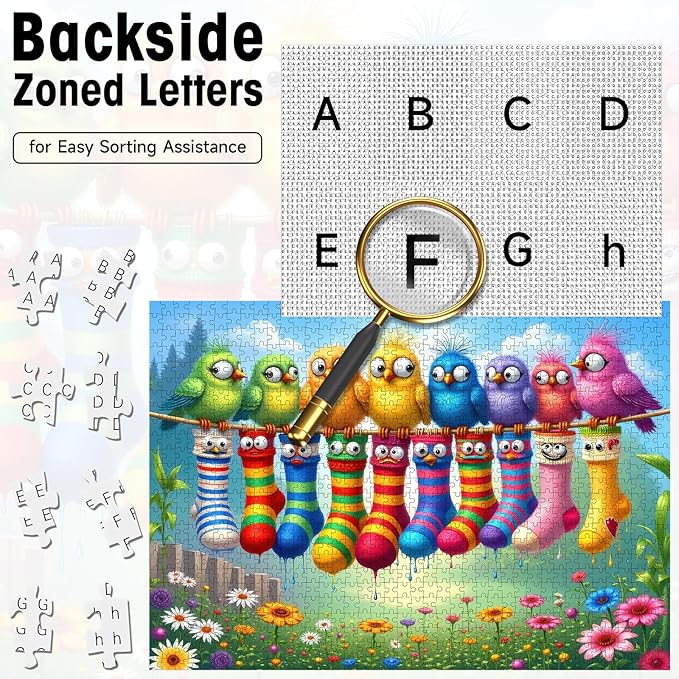 Funny Birds Puzzles for Adults 1000 Pieces, Cute Colorful Cartoon Bird on Clothesline & Socks Art Puzzle with Letters on Back, 28x20 Challenging Wall Decor, Family Game, Easter