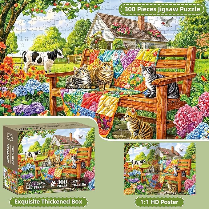 300 Pieces Puzzles for Adults,Cats Cow Animal Puzzle for Adults,300 Pieces Puzzles for Seniors Large Piece,Quilt House Jigsaw Puzzle for Kids Ages 8-10,Challenging Family Game, 20.5x15 in