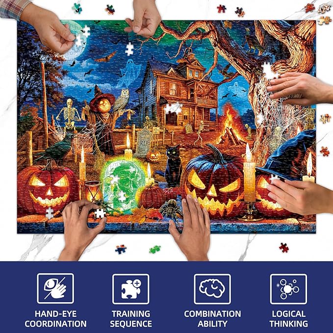 Sutinban Halloween Puzzle 1000 Pieces for Adults, Horror Skull Pumpkin Head Halloween Haunted House Jigsaw Puzzles 1000 Pieces Family Game, Holiday Party Gifts Puzzles for Teenages & Kids & Adults