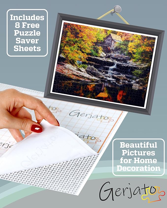 1000 Piece Puzzle for Adults - Scenic Autumn Grist Mill with Waterfalls, Gift-Ready Box, Letters on Back, 8 Jigsaw Puzzle, Saver Sheets & Full-Size Poster by GERJATO - Ideal Gift for Loved Ones