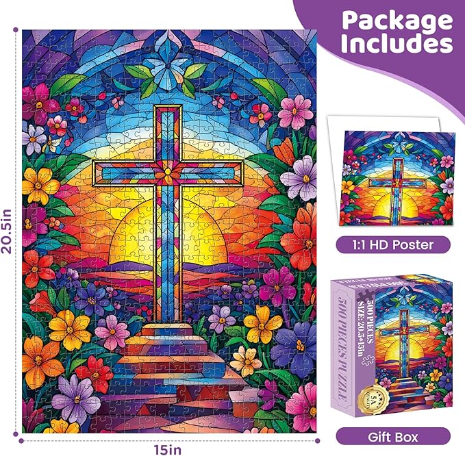 Puzzles for Adults 500 Pieces,Cross Stained Glass Puzzles for Adults,Christian Puzzles & Colorful Flower Jigsaw Puzzle for Seniors,Religious Puzzle as Home Decor Puzzle,Holiday Party Gifts,20.5x15 in