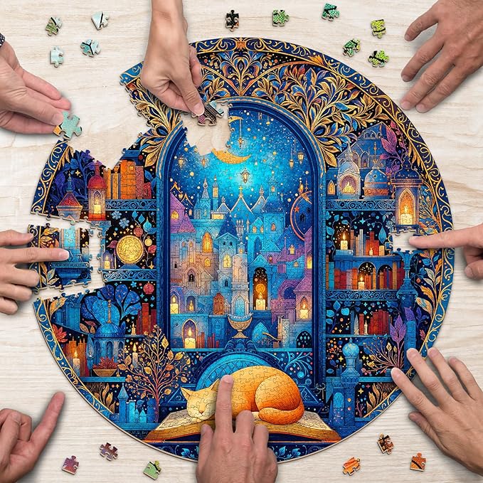 Bookshelf Cat Puzzles for Adults 1000 Pieces, Round Watercolor Jigsaw Puzzles 1000 Pieces, Impossible Difficult Hard Challenging Puzzles for Adults, Art Puzzle for Home Decor (26.5 * 26.5in)