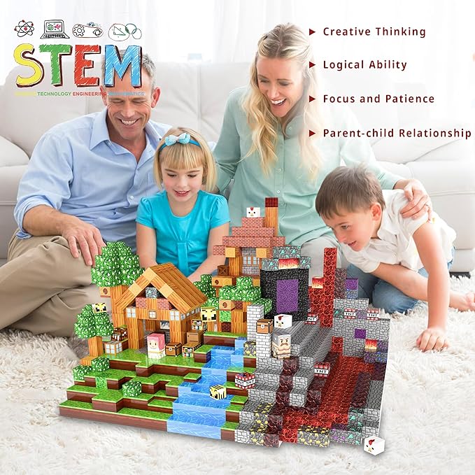 100PCS Magnetic Building Blocks Set – 0.8in Pixel World Construction Toys, Universal Compatibility, STEM Creative Play Set for Kids Ages 3+, Grass, Lava & Portal Scenes