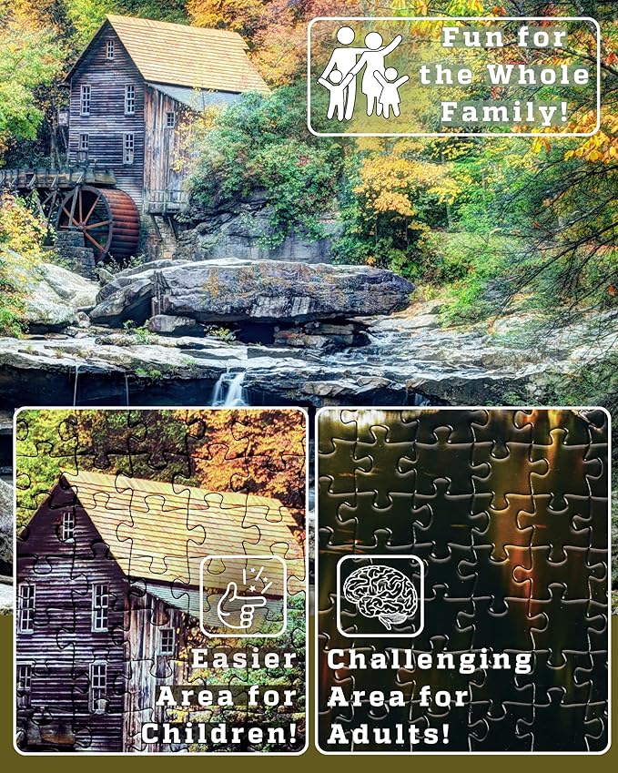 1000 Piece Puzzle for Adults - Scenic Autumn Grist Mill with Waterfalls, Gift-Ready Box, Letters on Back, 8 Jigsaw Puzzle, Saver Sheets & Full-Size Poster by GERJATO - Ideal Gift for Loved Ones