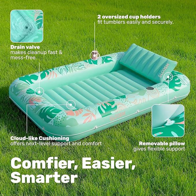 SLOOSH Inflatable Tanning Pool Lounger Float, 70" x 46" Pool Floats Adult with Pillow, 4 in 1 Suntan Tub Raft Floatie,Sunbathing Bed Lounge for Water Blow Up Ball Pit Party Gifts, L-Aqua Blue