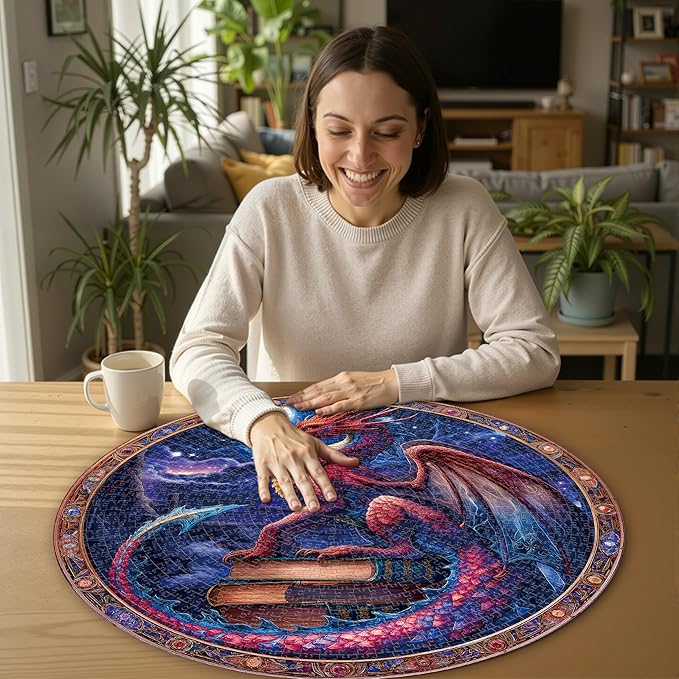 Round Jigsaw Puzzle 1000 Piece - Guardian Dragon & Ancient Books - 26.5in Circular Epic Fantasy Art, Starry Night Jigsaw Gift for Adults