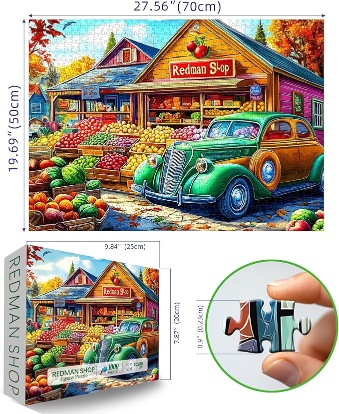 MINIWAN Vintage Autumn Country Farmers Market Puzzles for Adults 1000 Pieces, Fall Fruit Stand with Vintage Car Jigsaw Puzzle, Gift for Country Life & Food Lovers 27.5x19.7 Inch