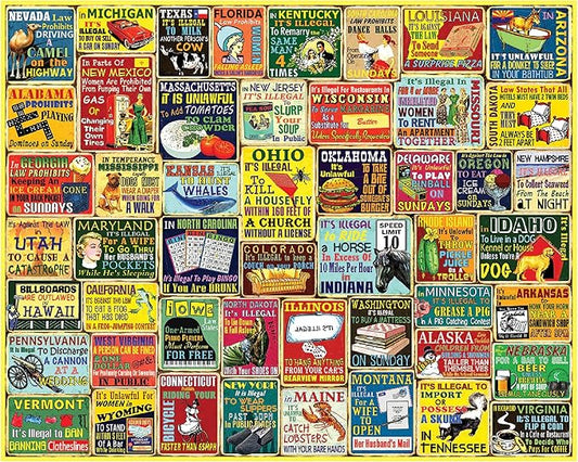 White Mountain 1000 Piece Jigsaw Puzzle Funny Rules Collage Puzzles with Large Pieces Gift for Adults and Family 24"x30" - Crazy State Laws