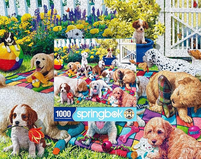 Springbok's Playful Pups on Parade 1000 Piece Puzzle for Adults and Families is an Adorable and Colorful Display of PuppiesLined Up for a Parade - Made in The USA