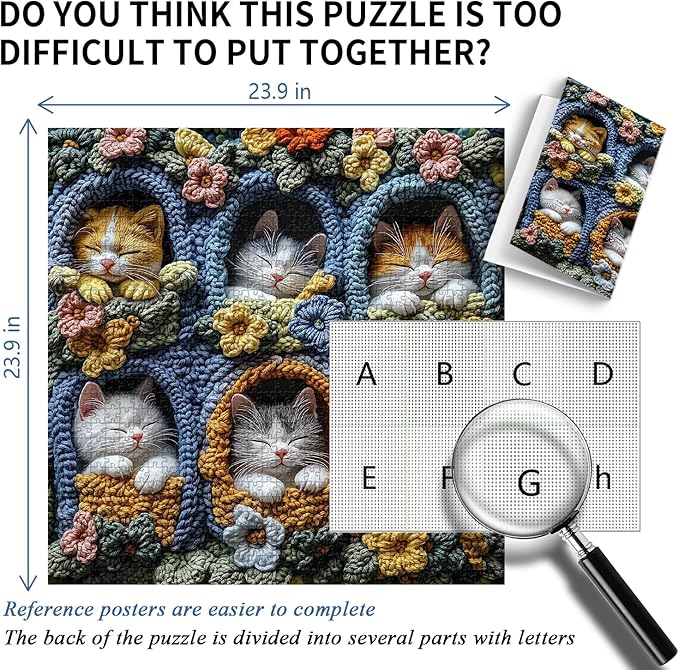 Cat Puzzles for Adults 1000 Pieces, PICKFORU Cute Kitten Puzzle Wildflowers Embroidery, Difficult Animal Flower Art Theme as Wall Decor