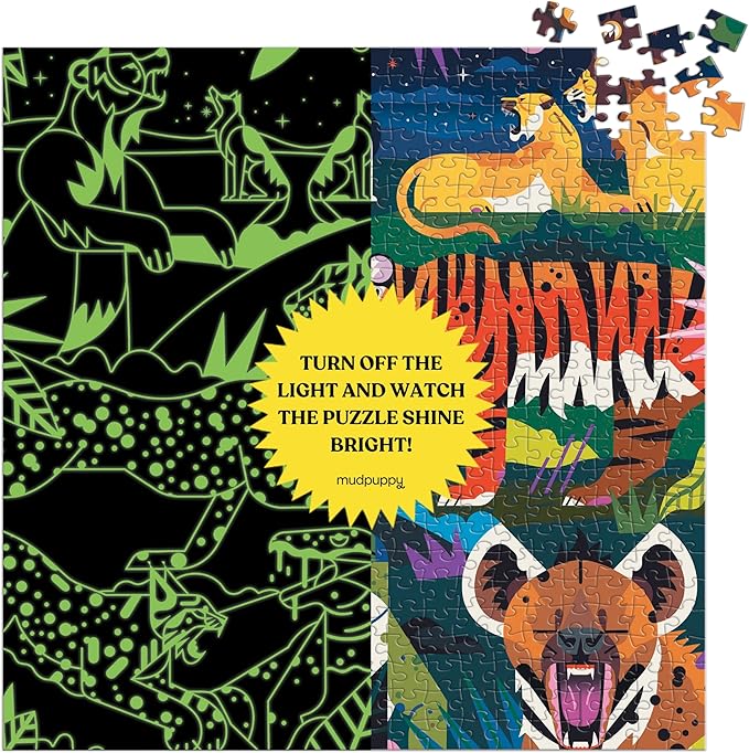 Mudpuppy Predators Illuminated 500 Piece Glow in The Dark Jigsaw Puzzle for Kids and Families, Family Puzzle with Glow in The Dark Predators Theme