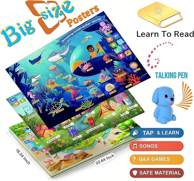 Interactive Talking Dog Pen with Posters | Upgraded Talking Flash Cards - Phonics Learn to Read Toys for 3-6 Year Olds - Preschool Educational Aids for Boys & Girls (Phonic-Poster)