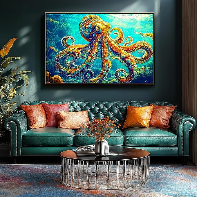 MINIWAN Vibrant Oil Painting Style Giant Octopus Jigsaw Puzzles for Adults 1000 Pieces, Colorful Underwater Common Octopus Jigsaw Puzzle, Gift for Marine Animal & Art Lovers 27.5x19.7 Inch