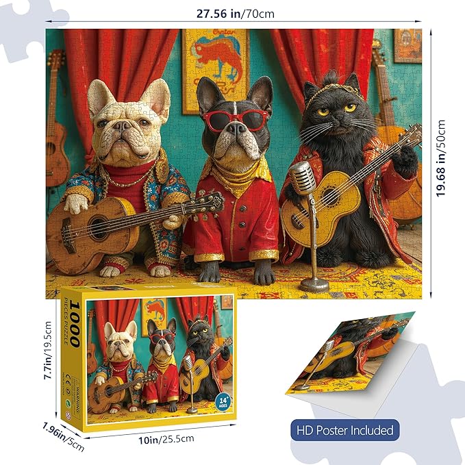 1000 Piece Puzzle for Adults, Challenging Rock&Roll Dog Cat Band Jigsaw Puzzles, Premium Matte Finish, 27.56 x 19.68 Inches, Perfect for Game Nights